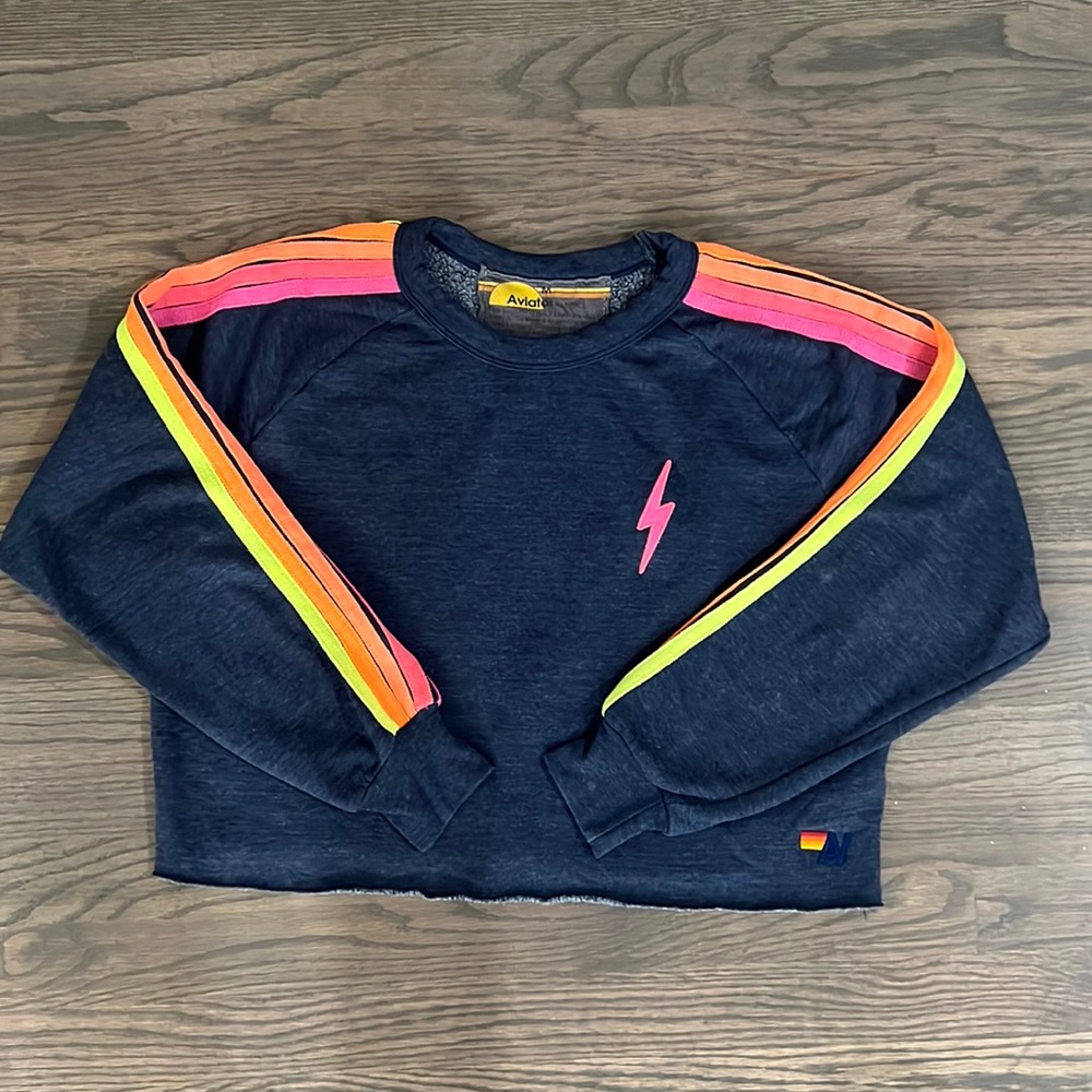Aviator Nation Navy cropped sweatshirt with Neon Stripes